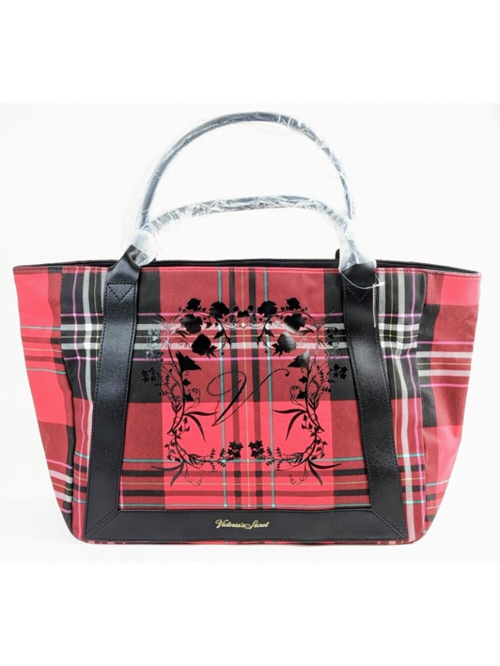 Victoria's Secret Large Tote Bag Red Black Tartan Plaid 2020 New - Picture 2 of 7